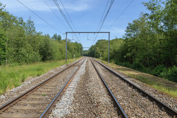 railway travel tracks perspective landscape countryside wires blue sky sunny day trees