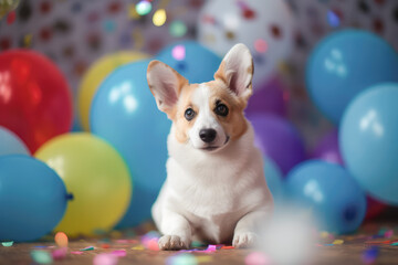 Fototapeta na wymiar Cute cheerful white welsh corgi puppy with colored balloons on birthday party. Holiday and birthday concept