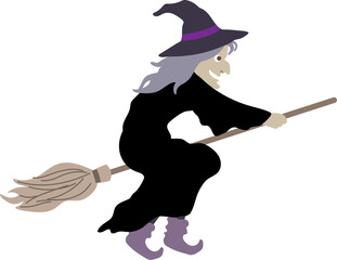 Halloween editable vector illustration element of spooky flying wicked witch in black dress on a broom. cute & fun background material