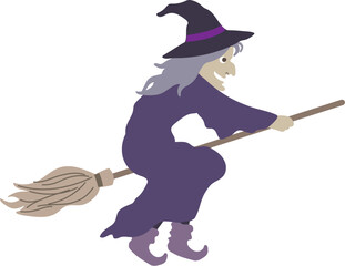 Halloween editable vector illustration element of spooky flying wicked witch in purple costume on a broom. cute & fun background material