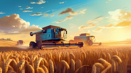Fototapeta premium illustration of wheat farmers harvesting wheat in a very large field