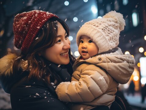 Mother smiles looking at her little baby on a snowy street at a cold night