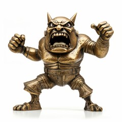 Fototapeta na wymiar Angry Bronze Horned Anger Monster, Scowling Rage Goblin with Horns, Yelling Troll Statue or Screaming Ogre Figurine, Isolated on White Background
