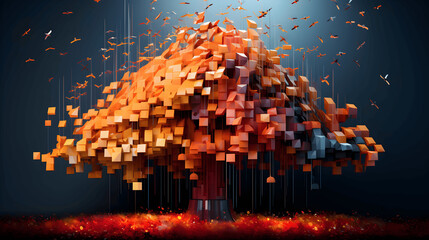 A colored tree in pixel form, covered in colorful bricks, in the style of surrealistic futuristic