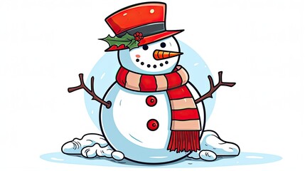 Illustration of a smiling snowman wearing a red hat and a red striped scarf on a white background, generated with AI
