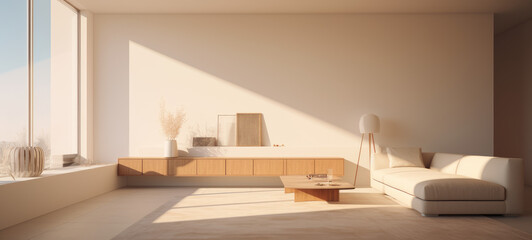 minimalist interior house with modern furniture, cozy, white and beige hues, sun coming from window with shadows. generative ai