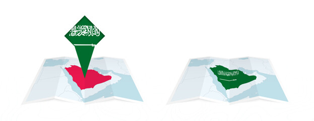 Two versions of an Saudi Arabia folded map, one with a pinned country flag and one with a flag in the map contour. Template for both print and online design.