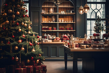 Modern store shop counter with festive christmas home decoration.