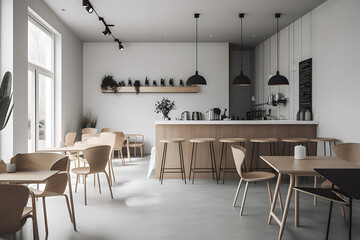 The interior of a cozy, small coffee shop with white walls, large windows with wooden tables and chairs.