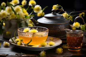 Cup of aromatic linden tea with fresh flowers on the table. Organic and natural, herbal hot healthy beverage.