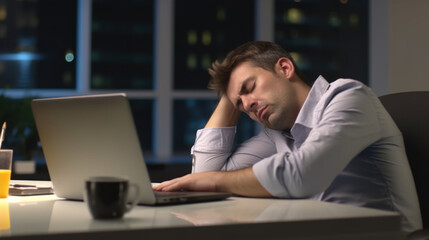 Tired young businessman sleeping on desk In office late at night