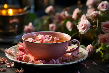 Cup of aromatic tea with fresh roses flowers on the table. Organic and natural, herbal hot healthy beverage.