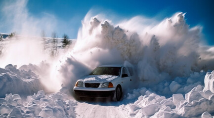 Car in winter snowdrift. - obrazy, fototapety, plakaty