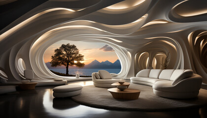 Modern domestic room with wide windows, nature illustration, and comfortable sofa generated by AI