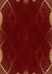 Hand-drawn unique abstract ornament. Light red on a deep red background, with vignette of same pattern and splatters in golden glitter. Paper texture. Digital artwork, A4. (pattern: p12d)