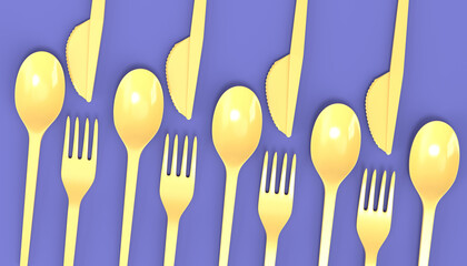 Set of disposable utensils like spoon, fork and knife on monochrome background.