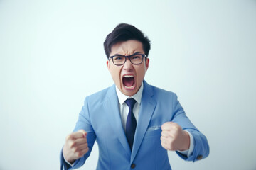 Angry Asian businessman in blue suit on white background. Business concept.