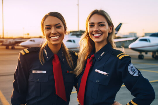 Two beautiful stewardesses are standing on the airport runway and smiling.