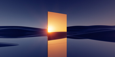 3d render. Abstract minimal background of fantastic sunset landscape, golden flat geometric mirror, hills and reflection in the water. Surreal aesthetic wallpaper