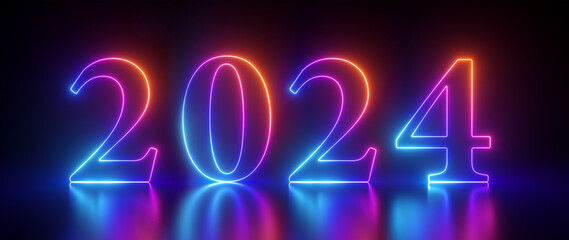 3d render, abstract linear neon number, year 2024, glowing digit isolated on black background