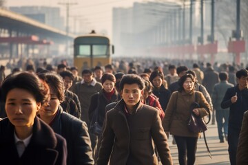 Crowd of Asian business commuters people walking street - obrazy, fototapety, plakaty