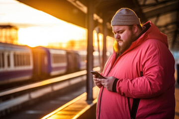Overweight young man in pink jacket using smart phone at the train station during sunset time.