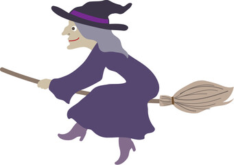 Halloween editable vector illustration element of spooky flying wicked witch in purple dress on a broom. cute & fun background material