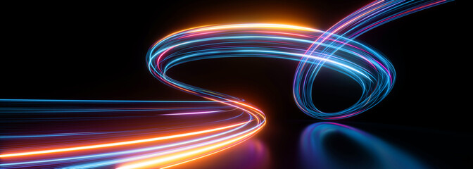 3d render. Abstract background of dynamic neon lines glowing in the dark, floor reflection