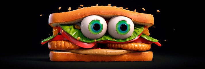 Banner with super sandwich. Toast bread stuffed with lettuce, tomato, meat, cheese, mustard on a dark background. Header panorama for website, advert, children's menu, signboard, eatery.Toast bread st - obrazy, fototapety, plakaty