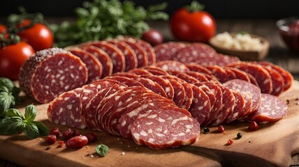 Salami slices arranged on a rustic wooden cutting board - obrazy, fototapety, plakaty