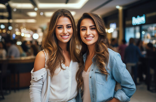 Two lovely girls friends or sisters in shopping mall. Concept generated AI image illustration. Lifestyle concept