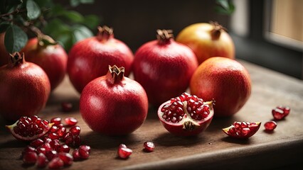 Ripe pomegranates on a wooden table