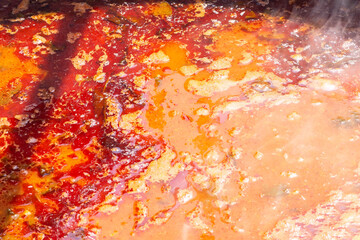 Full frame of hot chorizo goulash. Traditional hungarian soup. Classic recipe. Food background