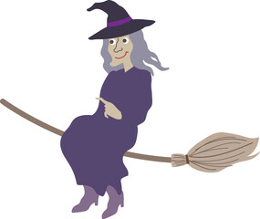 Halloween editable vector illustration element of cute, fun and spooky flying wicked witch in purple costume  pointing left on a  broom