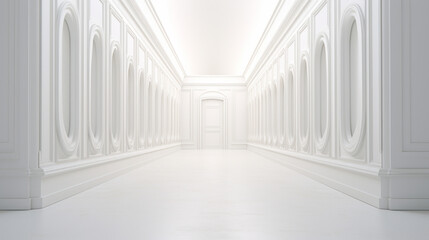 A stark white hallway with a long line of identical doors on either side 