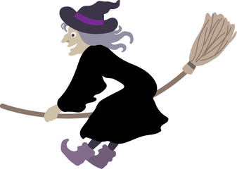 Halloween editable vector illustration element of spooky, cute and fun flying wicked witch in black dress, enjoying the ride.