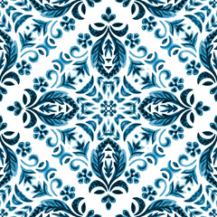 Royal Watercolor blue damask hand drawn floral design. Seamless pattern, tiling ornament. Filigree paint tile pattern for fabric and ceramics
