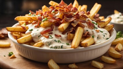 Delicious loaded french fries with crispy bacon and creamy ranch dressing - obrazy, fototapety, plakaty