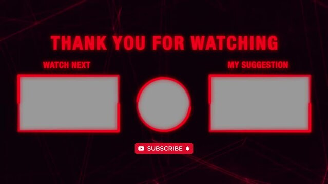 template outro end screen video for youtube channel. Subscibe, like, share, comment video animation on red neon light background