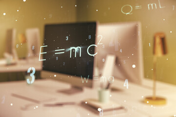 Double exposure of creative scientific formula concept on laptop background, research and...