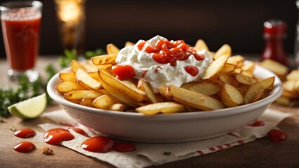 A unique dessert twist - french fries topped with whipped cream and cherries