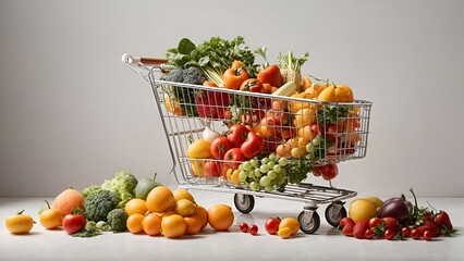 A colorful assortment of fresh fruits and vegetables in a shopping cart
