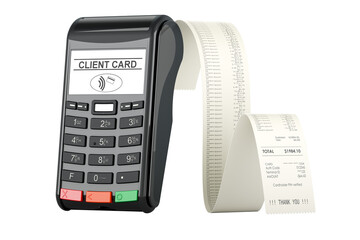 POS terminal with printed receipt. 3D rendering isolated on transparent background - obrazy, fototapety, plakaty