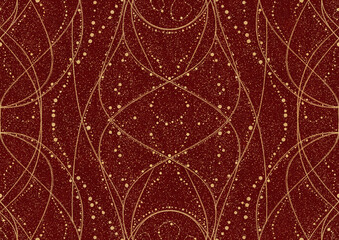 Hand-drawn unique abstract symmetrical seamless gold ornament and splatters of golden glitter on a deep red background. Paper texture. Digital artwork, A4. (pattern: p10-2a)