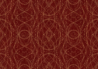 Hand-drawn unique abstract symmetrical seamless gold ornament and splatters of golden glitter on a deep red background. Paper texture. Digital artwork, A4. (pattern: p10-2b)