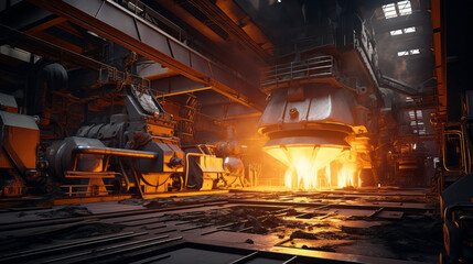 A steel foundry's pouring operation, with molten metal being cast into molds - obrazy, fototapety, plakaty