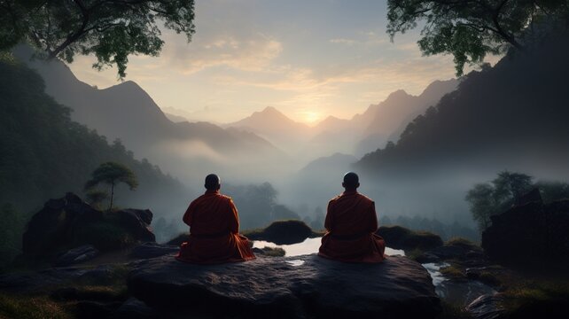 Monks meditating mist buddhist royalty stock photos AI generated art