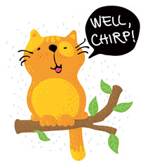 Funny red cat chirping on the tree branch 