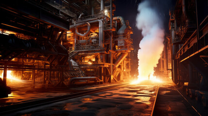 A steel mill with a blast furnace glowing white-hot - obrazy, fototapety, plakaty