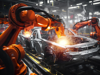 Assembly line of robots welding car body. Industry. Automobile plant, Industrial machinery automatic arm welding cars, vehicles robot in production line of vehicle manufacturer factory. Generative ai